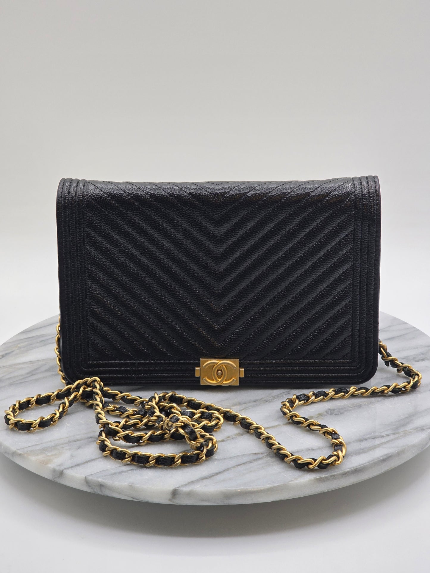 Chanel Black Chevron Caviar Le Boy Wallet On Chain - Gold Hardware