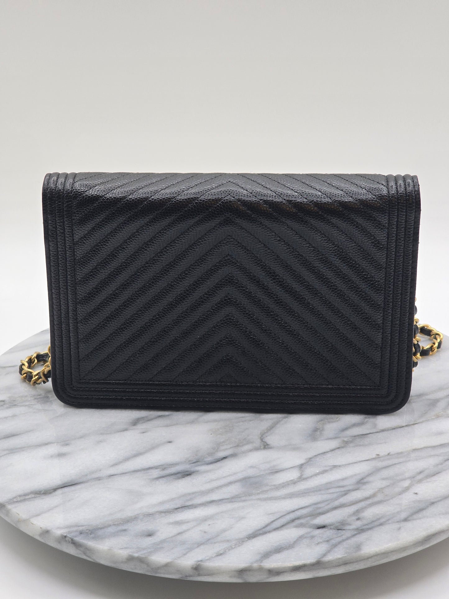 Chanel Black Chevron Caviar Le Boy Wallet On Chain - Gold Hardware