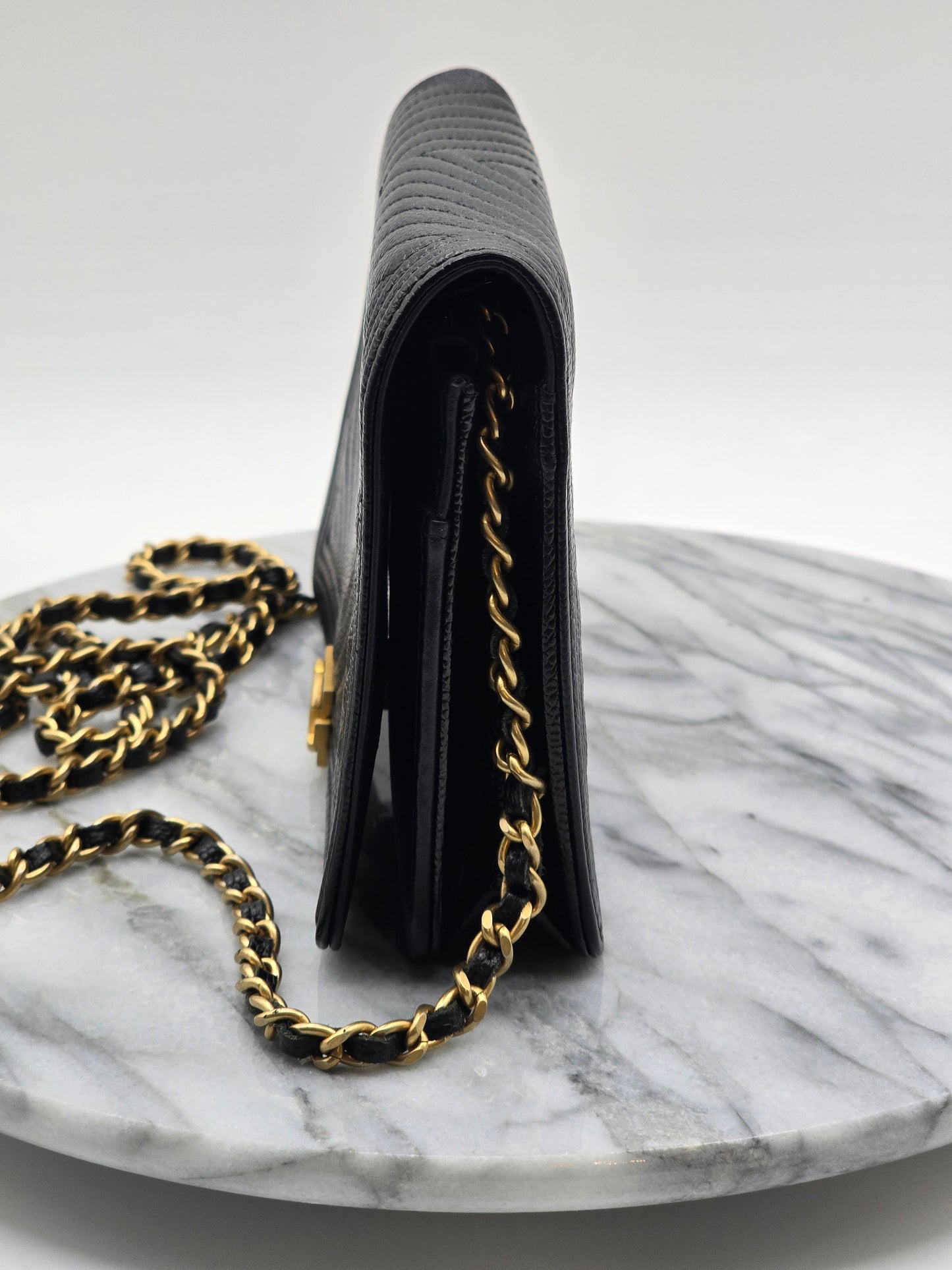 Chanel Black Chevron Caviar Le Boy Wallet On Chain - Gold Hardware