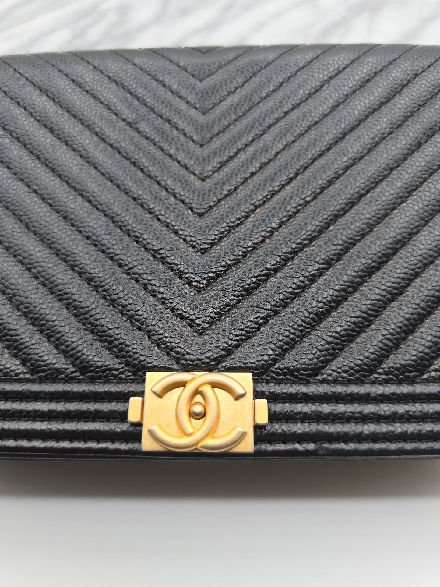 Chanel Black Chevron Caviar Le Boy Wallet On Chain - Gold Hardware